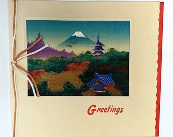 Japan Vintage Christmas Card, Book Style, 1956, Silk Painting