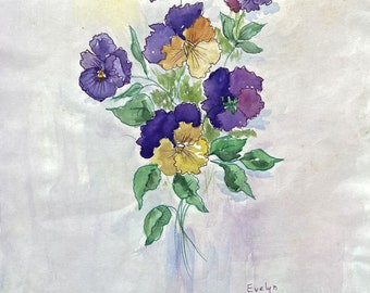 Original Watercolor Signed, Purple Pansies, 1973