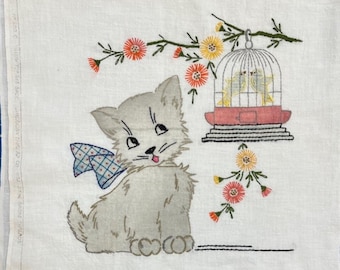 Embroidery Cat and Bird Cage Completed Pillow Cover
