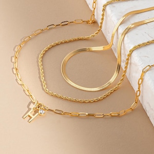 3PCS Gold Layer Necklace Set, Rope Chain & Initial Pendant, Letter Necklace with Birthstone, Jewelry Gift for Moms, Stacking Necklace