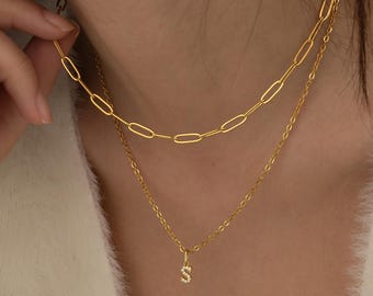 2PCS Gold Layered Necklace Set, Paperclip Chain & Initial Pendant, Dainty Letter Necklace, Jewelry Gift for Moms, Stacking Necklace