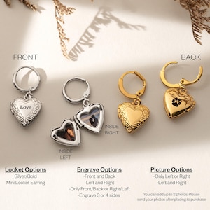 May include: A silver and gold heart-shaped locket earring with a hinged opening. The locket can be engraved with a message or personalized with a photo. The locket is available in two styles: one with a paw print and one with the word "Love" engraved on the front.
