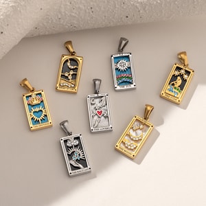 Tarot Card Pendant Necklace, Sun Star Moon Magician Empress Lovers Zodiac Necklace Waterproof Personalized Handmade Astrology Jewelry