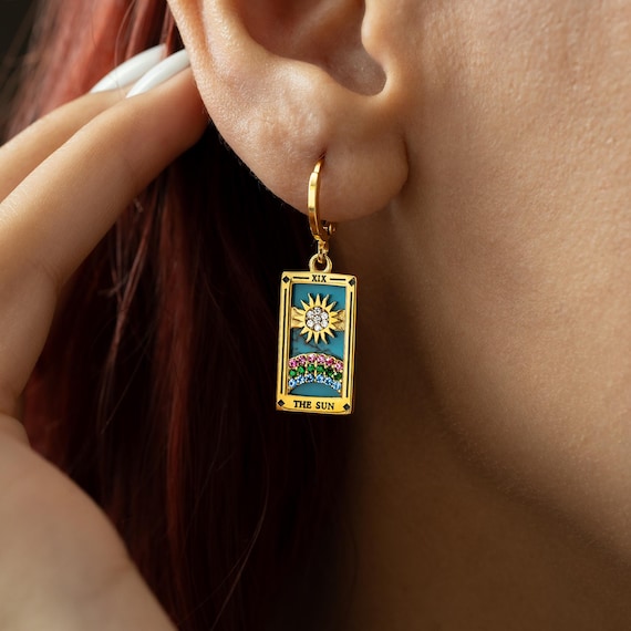 Mix & Match Tarot Card Earrings, Enamel Tarot Earrings, The Sun Earring, Spiritual Statement Jewelry, Star Earring, Zodiac Vibes, Mom Gift