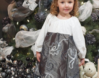 Girls Silver Grey Gray Ribbon Embroidered Taffeta Dress - Choose size 6m to 5T