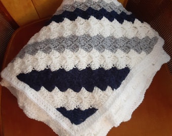 Handmade Crochet Blanket Nursery Crib Lap Quilt Blue Grey Cream Stripes