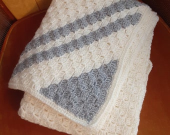Hand Crocheted Baby Blanket Nursery Crib in Cream and Grey Striped