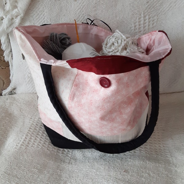Patchwork Large Craft Carry-All Stash Knitting Bag Pockets Pink Black