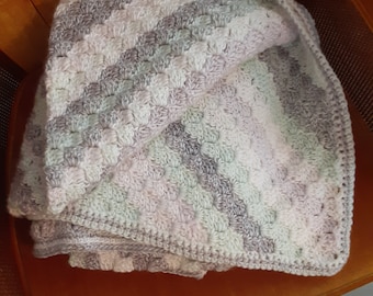 Hand Crocheted Baby Nursery Crib Blanket Striped Grey Green White