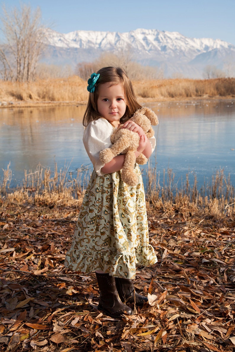 Girls Dress Green Yellow Gold Floral Peasant Smock to Top Holly Hobbie SiZE 6m to 5T image 1