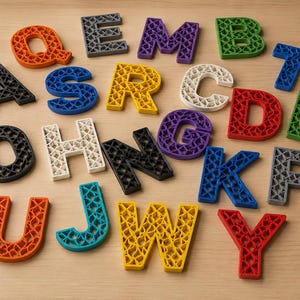 May include: A collection of twenty-one individual letters of the alphabet, each featuring a complex, open-work lattice structure. The letters are rendered in various solid colors including orange, gray, purple, green, blue, yellow, white, black, and red.