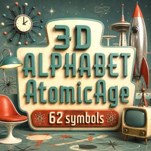 Könnte beinhalten: Ein Schild mit dem Text 3D ALPHABET ATOMIC AGE und 62 symbols, das eine Mid-Century-Uhr, eine silberne Rakete, einen roten Stuhl und einen Vintage-Fernseher zeigt. Das Design umfasst türkisfarbene Schriftzüge auf einem cremefarbenen Hintergrund.