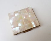 Vintage Marhill Mosaic Mother of Pearl Compact, 1950s Mother of Pearl Brass Makeup Case, Mother of Pearl Pocket Mirror