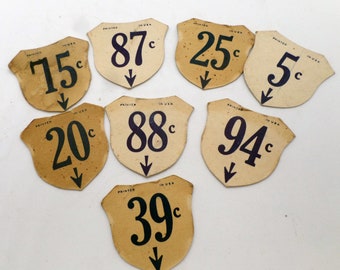 Vintage Store Price Tags, Grocery Store Price Tags, 1940s ephemera, Lot of 8 Double-Sided Pricing Tags