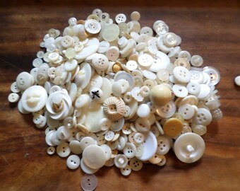 Lot of Vintage White Buttons, 1.5 Cups of Vintage Neutral Tone Sewing Buttons, Instant Collection, Buttons for Mixed Media or Assemblage