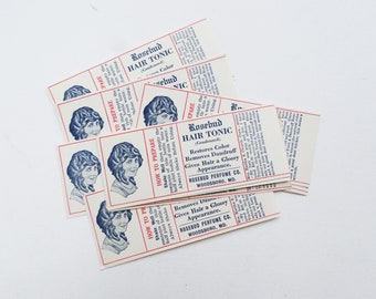 4 Vintage Rosebud Hair Tonic Labels, Antique Pharmacy Labels, Rosebud Perfume Co. Label, Vintage Cosmetic Ephemera, Hair Mixed Media Supply