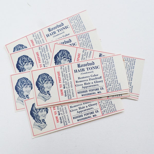 4 Vintage Rosebud Hair Tonic Labels, Antique Pharmacy Labels, Rosebud Perfume Co. Label, Vintage Cosmetic Ephemera, Hair Mixed Media Supply