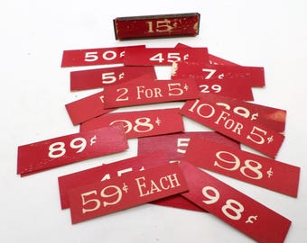 22 Vintage Red General Store Price Tags, Variety of Prices, One Metal Price Clip Holder, mixed media supplies or assemblage
