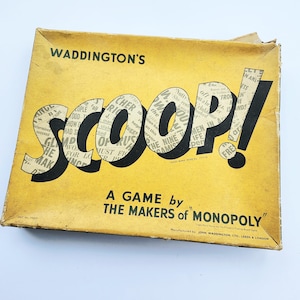 May include: Vintage "Scoop!" board game box with a yellow background and black text. The game is by the makers of Monopoly. The box has the Waddington's logo at the top.