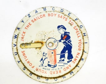 Vintage 1930s Cracker Jack Prize, Jack the Sailor Boy Says to Spell Your Name Wheel, Cracker Jack Tin Litho Game Wheel