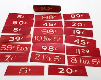 21 Vintage Red General Store Price Tags, Variety of Prices, One Metal Price Clip Holder, mixed media supplies or assemblage