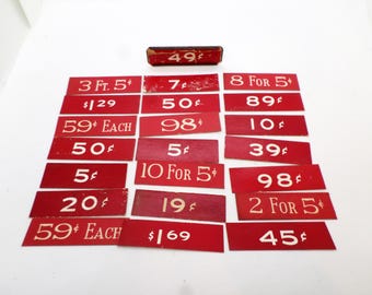 21 Vintage Red General Store Price Tags, Variety of Prices, One Metal Price Clip Holder, mixed media supplies or assemblage