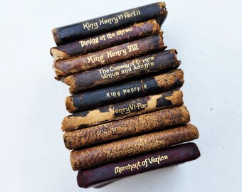 9 libros antiguos de Shakespeare en miniatura de cuero, de Knickerbocker.