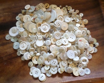 Lot of Vintage White Buttons, 1.5 Cups of Vintage Neutral Tone Sewing Buttons, Instant Collection, Buttons for Mixed Media or Assemblage