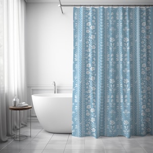 Blue Floral Shower Curtain Light Blue Stripe Shower Curtain French Farmhouse Shower Stripe Bathroom Curtain Decor Striped Simple Curtains