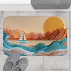 Abstract Sunset Landscape Bathmat Serene Sailboat Bath Mat Coastal Bathroom Decor Nautical Beach House Mat Ocean Theme Rug Sea Bathroom Gift