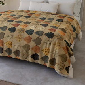 Fall Leaves Blanket Forest Beige Blanket Forest Bedroom Decor Woodland Embroidery Throw Embroidery Brown Autumn Throw Leaf Home Decor