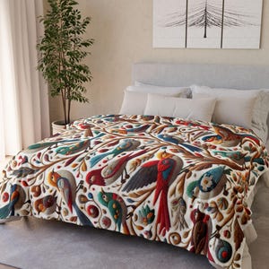 Bird Throw Blanket Folk Art Blanket Bird Bedding Gifts For Birdlover Bird Lover Blankets Spring Birds Cover Ornithologist Gift
