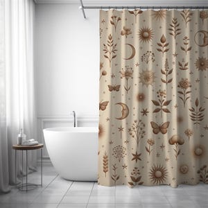 Celestial Beige Shower Curtain Minimalist Boho Shower Curtain Moon Sun Star Shower Curtain Celestial Decor Bright Earthy Tones Curtain