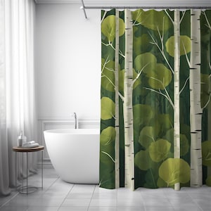 Grüne Blätter Wald Duschvorhang Birken Bäume Duschvorhang Bauernhaus Kabine Badvorhang Rustikales Walddesign Geschenk für Naturliebhaber