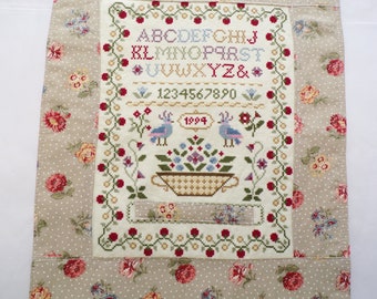 Cross-Stitched Sampler, Wall Hanging, Hand stitched, French General Fabric