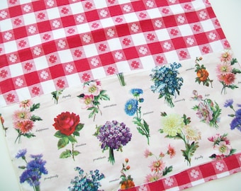 Vintage Towel, Made from a Vintage Tablecloth, Red and White Checked, Floral