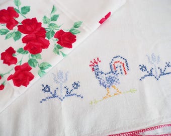 2 Vintage Towels, Hand Embroidered Rooster, Red Rose