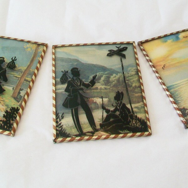 SALE - 3 Silhouette Pictures, Convex Glass, 1940s, Father & Son, lake scenes