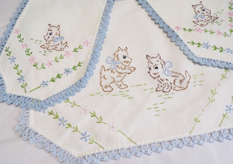 3-piece Doily Set, Vintage, Hand Embroidered, Scottie Dog - Etsy