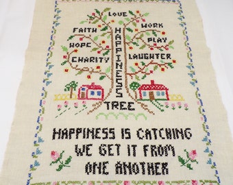 Vintage Happiness Sampler, Hand Stitched by me, from a 1968 kit