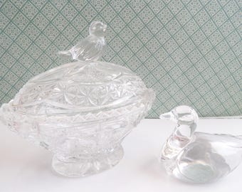 Vintage Cut Glass Bird Dish with Lid,  Free Glass Swan