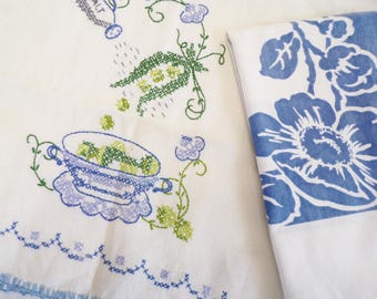 2 Vintage Towels, Hand Embroidered 1950s for one