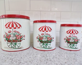 3 Metal Canisters, Flower Cart Design, 1960s