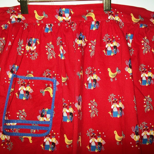 SALE - VIntage French Caribbean apron, folk art style print with couple and chickens, in red, blue, green, and yellow