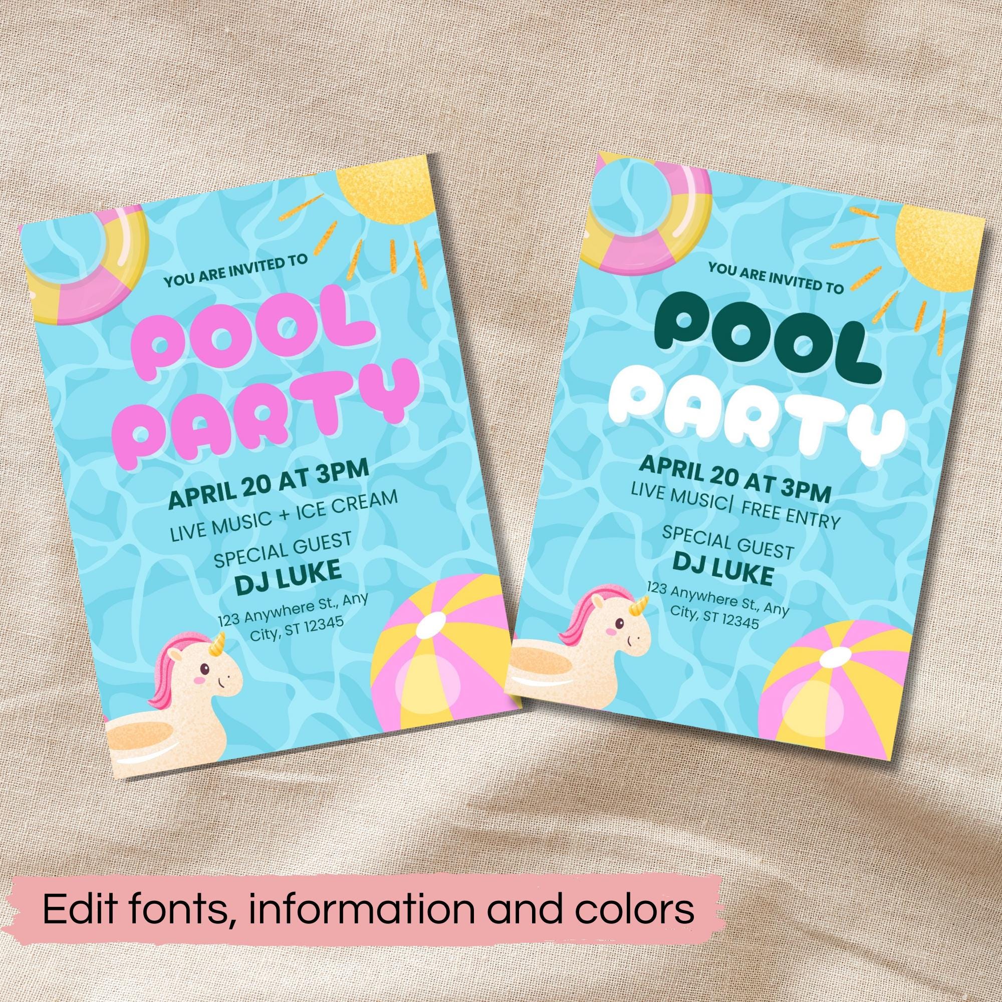 Editable Pool Party Invitation With Fun Illustration | Canva Template ...