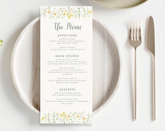 Wildflower Wedding Menu Template: Rustic Yellow Floral (Editable Canva Template)