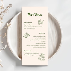 Bewerkbare canvassjabloon dinermenu | Handgetekende menukaart | Grillig op maat gemaakt tafeldecor | Directe download afdrukbare menukaart