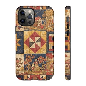 May include: A phone case with a patchwork quilt design, showcasing a vintage aesthetic. The case features a repeating pattern of squares in blue, red, yellow, and beige, with illustrations of people, houses, and trees. The side of the case also has the same design.