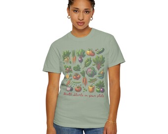 Vegetable Print T-Shirt, Health Starts on Your Plate Tee, Gardener Gift