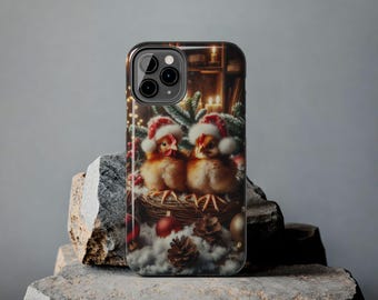 Christmas Chickens Phone Case, Cute Chicks Santa Hats, Holiday Gift